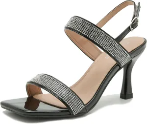 Enelauge Women's Strappy Square Toe Rhinestone Stiletto High Heeled Sandals Slingback Heels Summer Wedding Party Dress Shoes