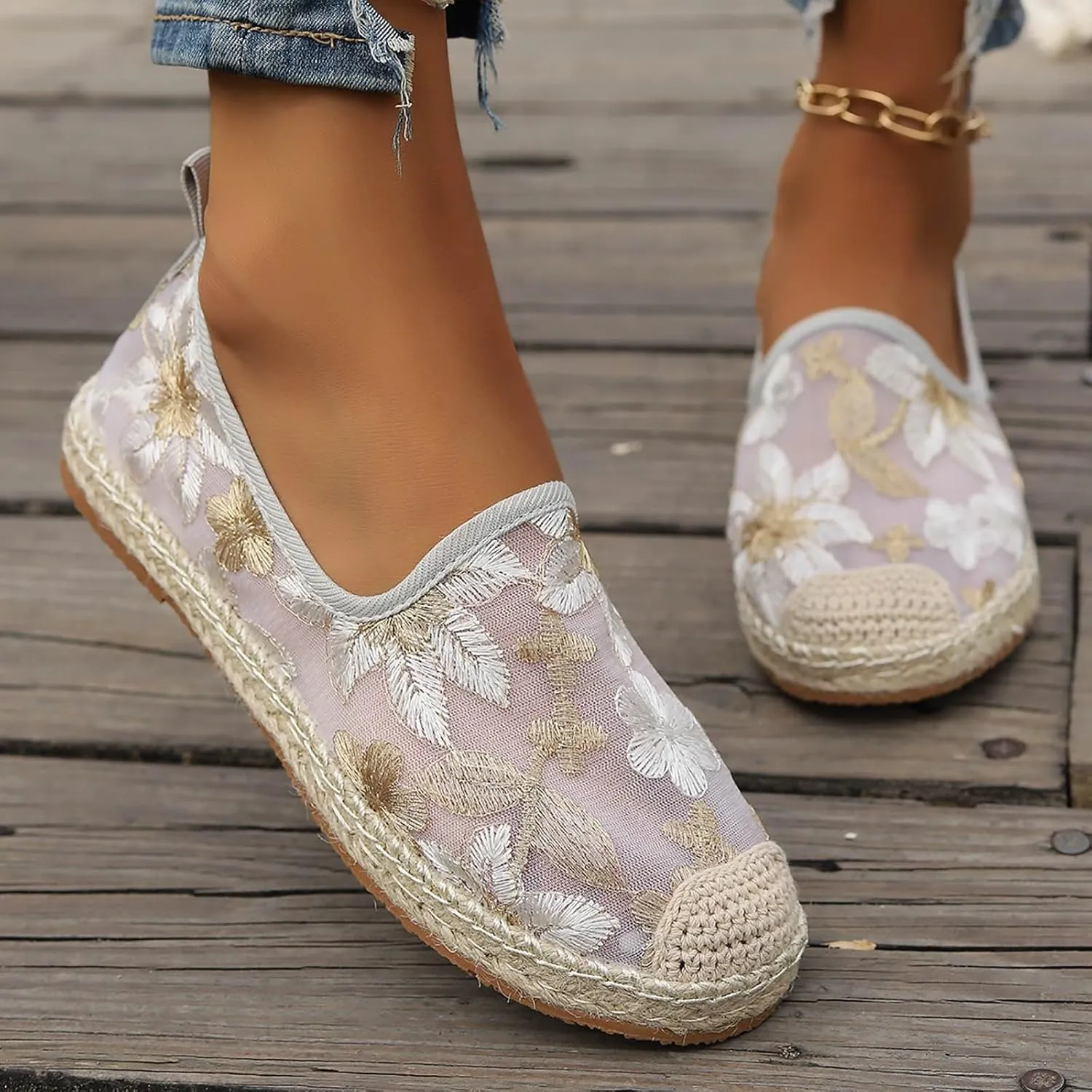 Espadrille Loafers Women Mesh Embroidered Floral Closed Toe Classic Casual Shoes Party Bridal Shoes Summer Dress Sandals