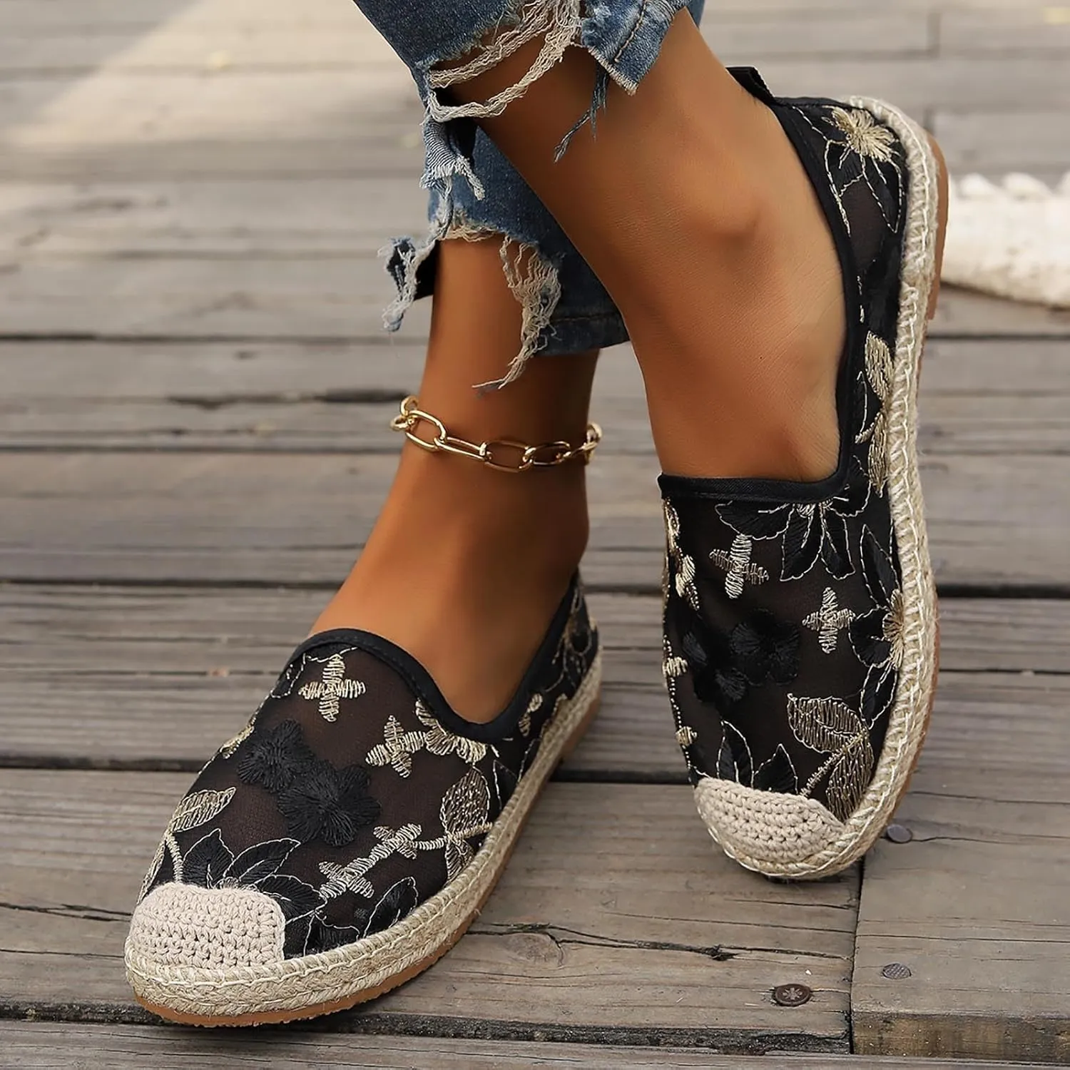 Espadrille Loafers Women Mesh Embroidered Floral Closed Toe Classic Casual Shoes Party Bridal Shoes Summer Dress Sandals