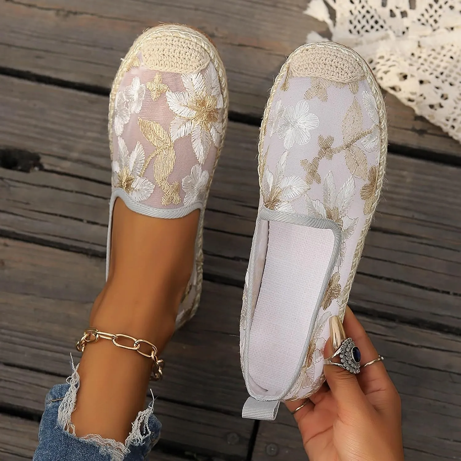 Espadrille Loafers Women Mesh Embroidered Floral Closed Toe Classic Casual Shoes Party Bridal Shoes Summer Dress Sandals