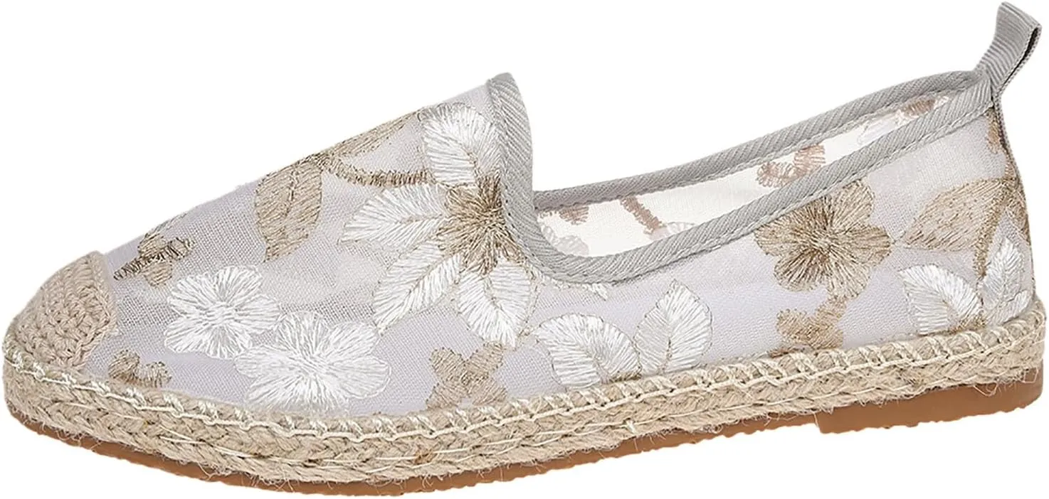 Espadrille Loafers Women Mesh Embroidered Floral Closed Toe Classic Casual Shoes Party Bridal Shoes Summer Dress Sandals