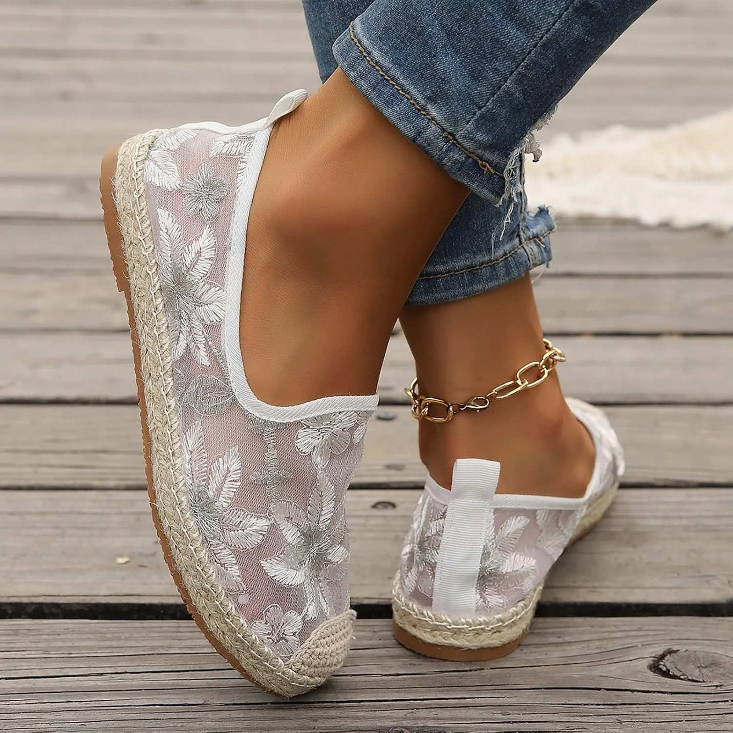 Espadrille Loafers Women Mesh Embroidered Floral Closed Toe Classic Casual Shoes Party Bridal Shoes Summer Dress Sandals