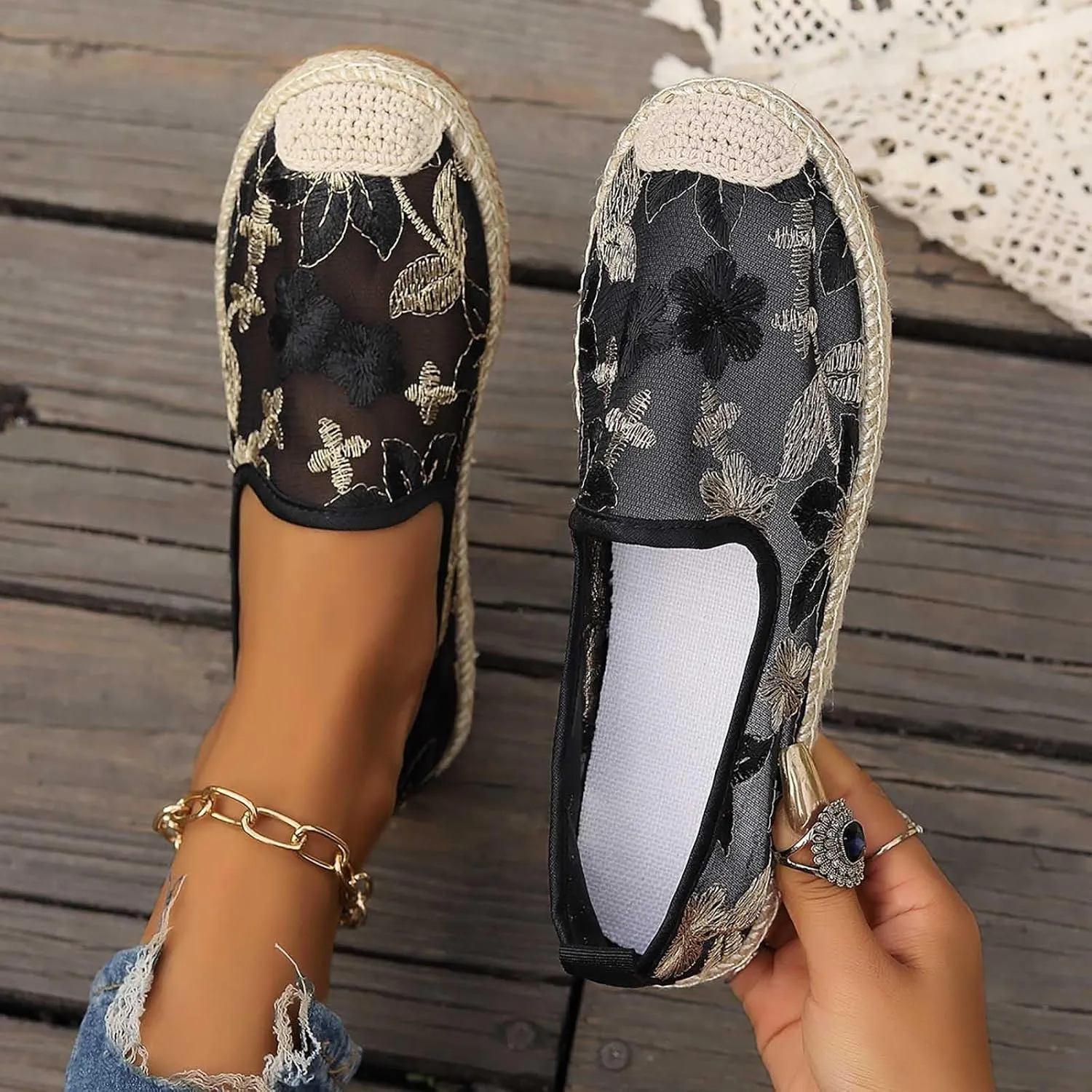 Espadrille Loafers Women Mesh Embroidered Floral Closed Toe Classic Casual Shoes Party Bridal Shoes Summer Dress Sandals