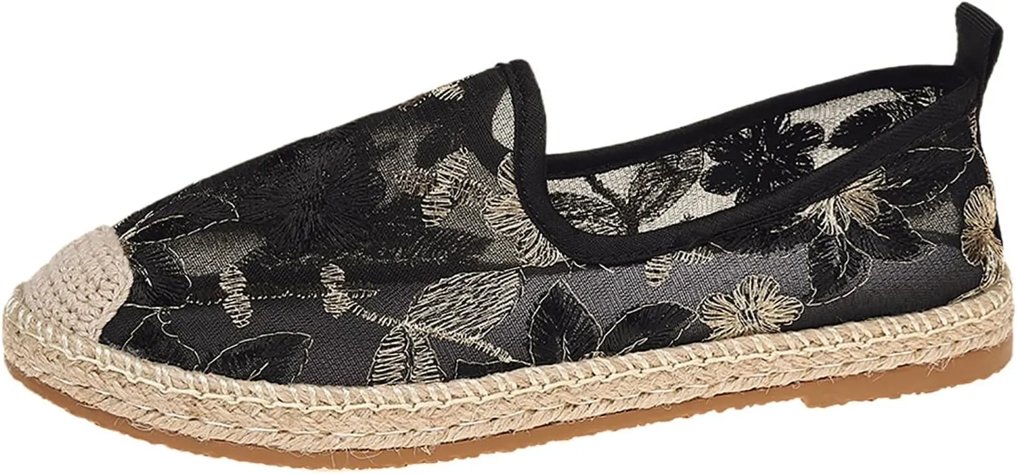 Espadrille Loafers Women Mesh Embroidered Floral Closed Toe Classic Casual Shoes Party Bridal Shoes Summer Dress Sandals