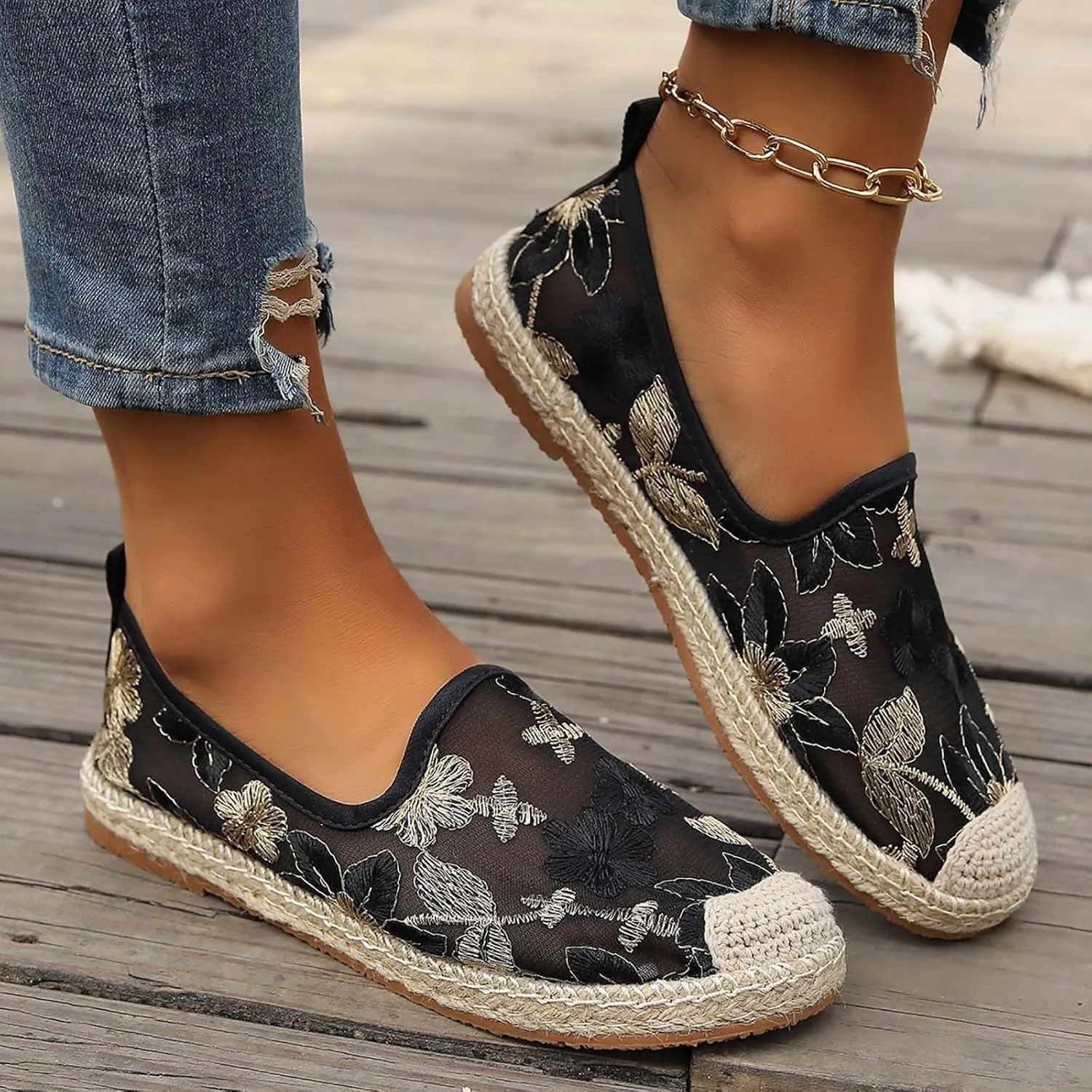 Espadrille Loafers Women Mesh Embroidered Floral Closed Toe Classic Casual Shoes Party Bridal Shoes Summer Dress Sandals
