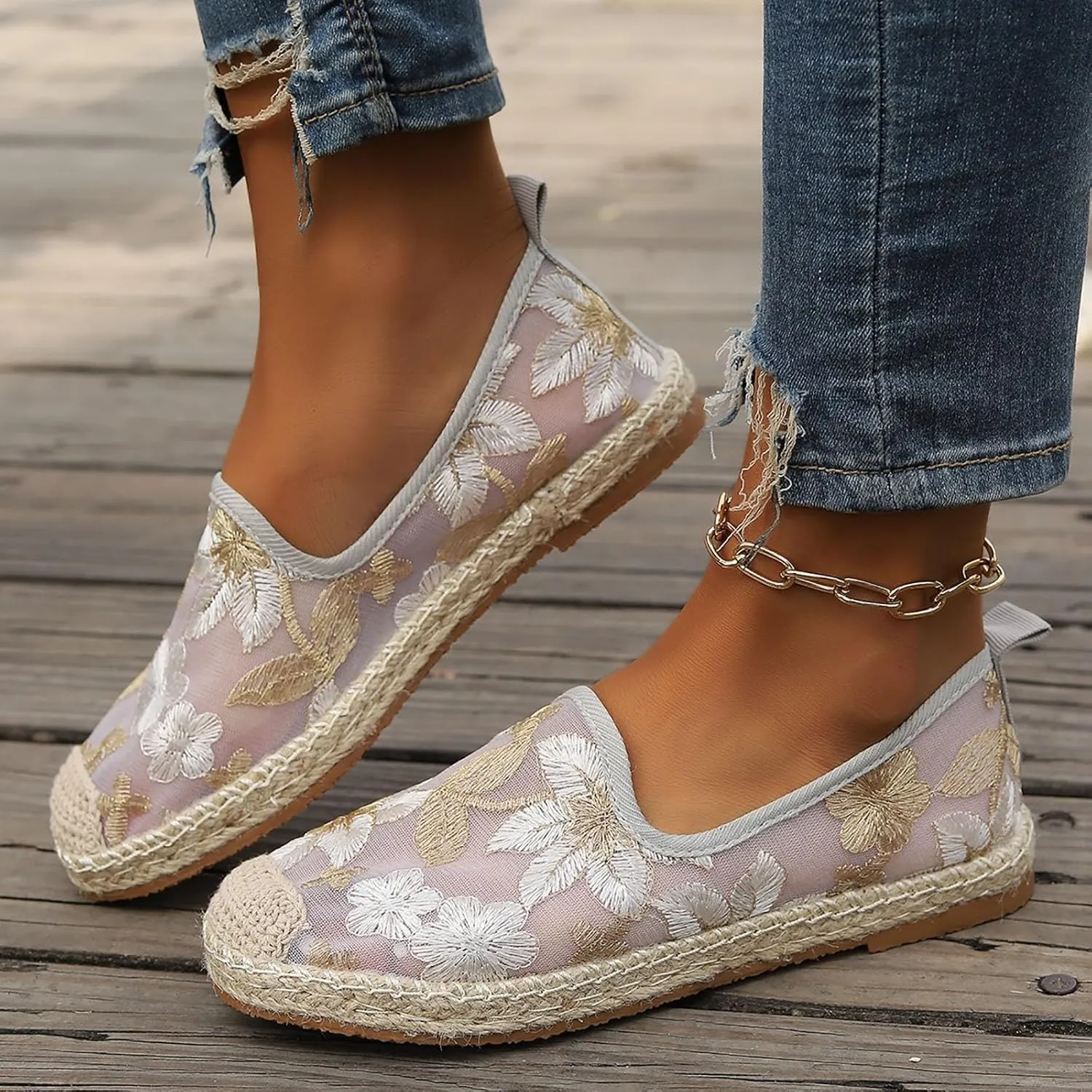 Espadrille Loafers Women Mesh Embroidered Floral Closed Toe Classic Casual Shoes Party Bridal Shoes Summer Dress Sandals