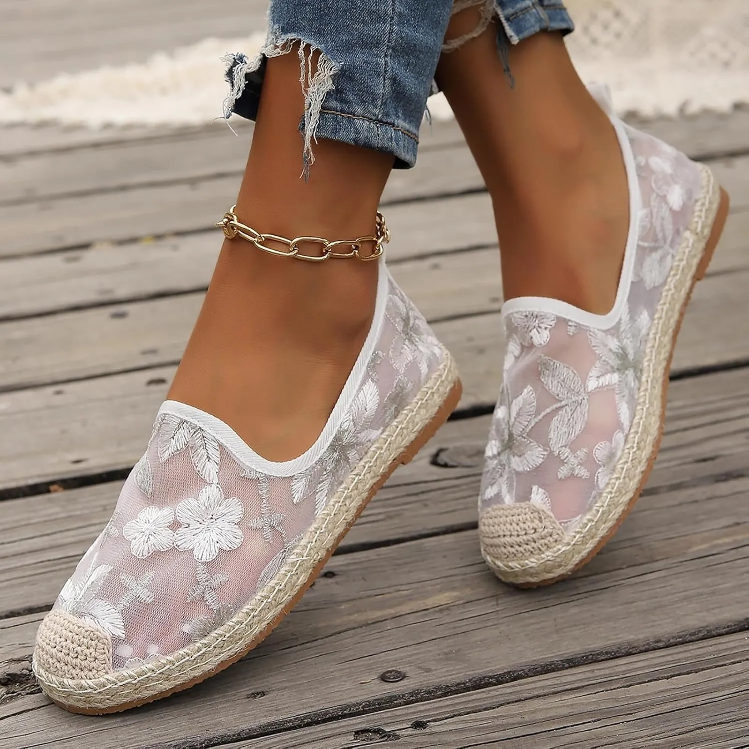 Espadrille Loafers Women Mesh Embroidered Floral Closed Toe Classic Casual Shoes Party Bridal Shoes Summer Dress Sandals