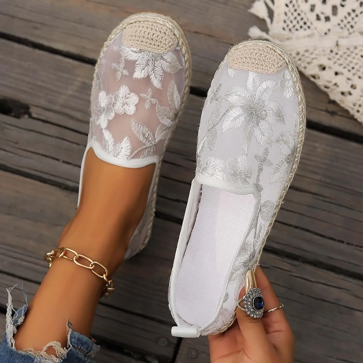 Espadrille Loafers Women Mesh Embroidered Floral Closed Toe Classic Casual Shoes Party Bridal Shoes Summer Dress Sandals