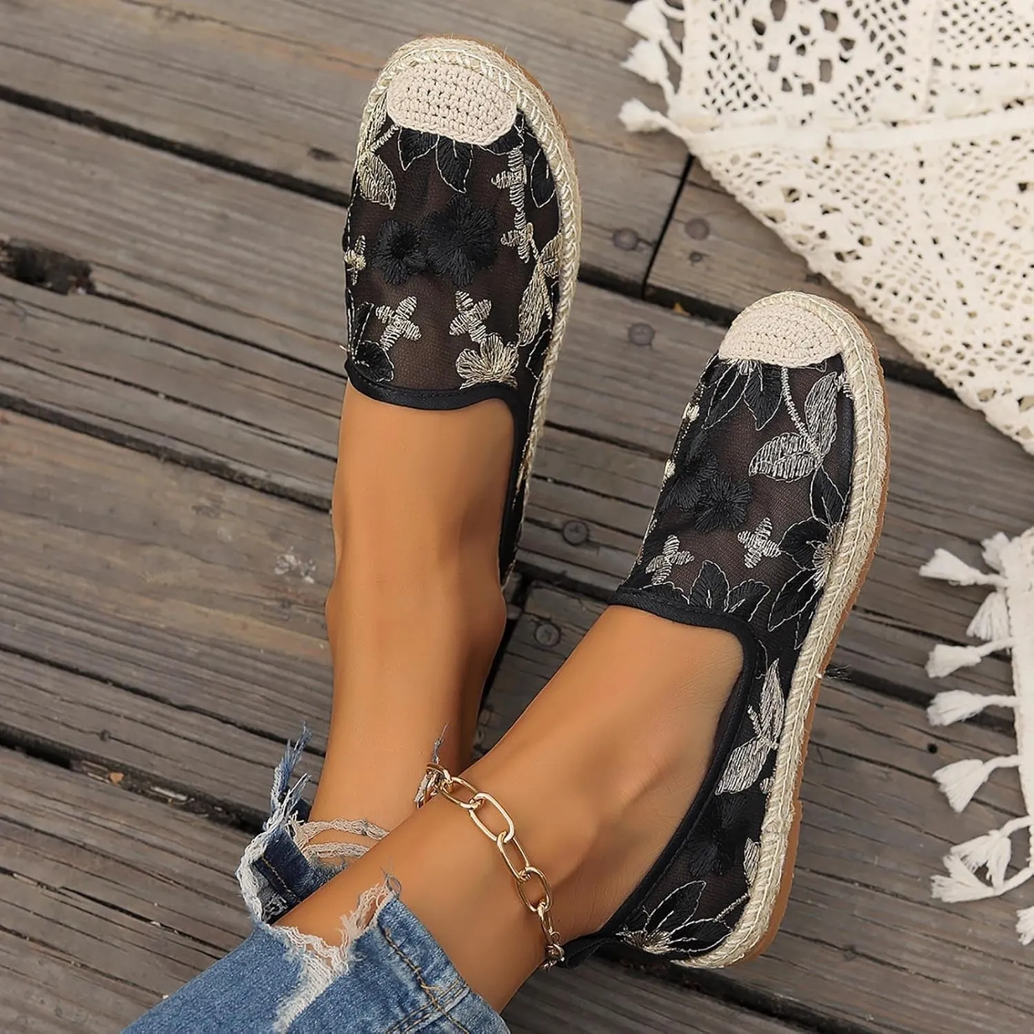 Espadrille Loafers Women Mesh Embroidered Floral Closed Toe Classic Casual Shoes Party Bridal Shoes Summer Dress Sandals