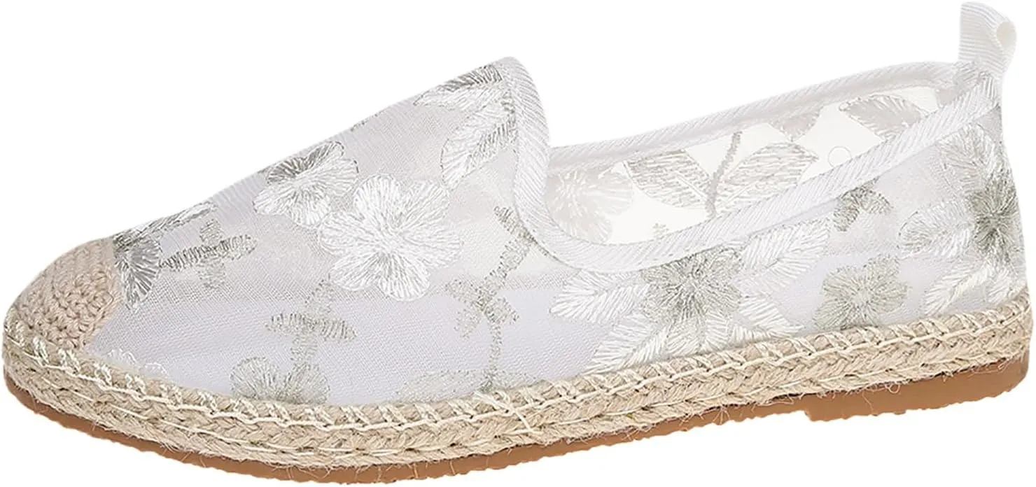Espadrille Loafers Women Mesh Embroidered Floral Closed Toe Classic Casual Shoes Party Bridal Shoes Summer Dress Sandals