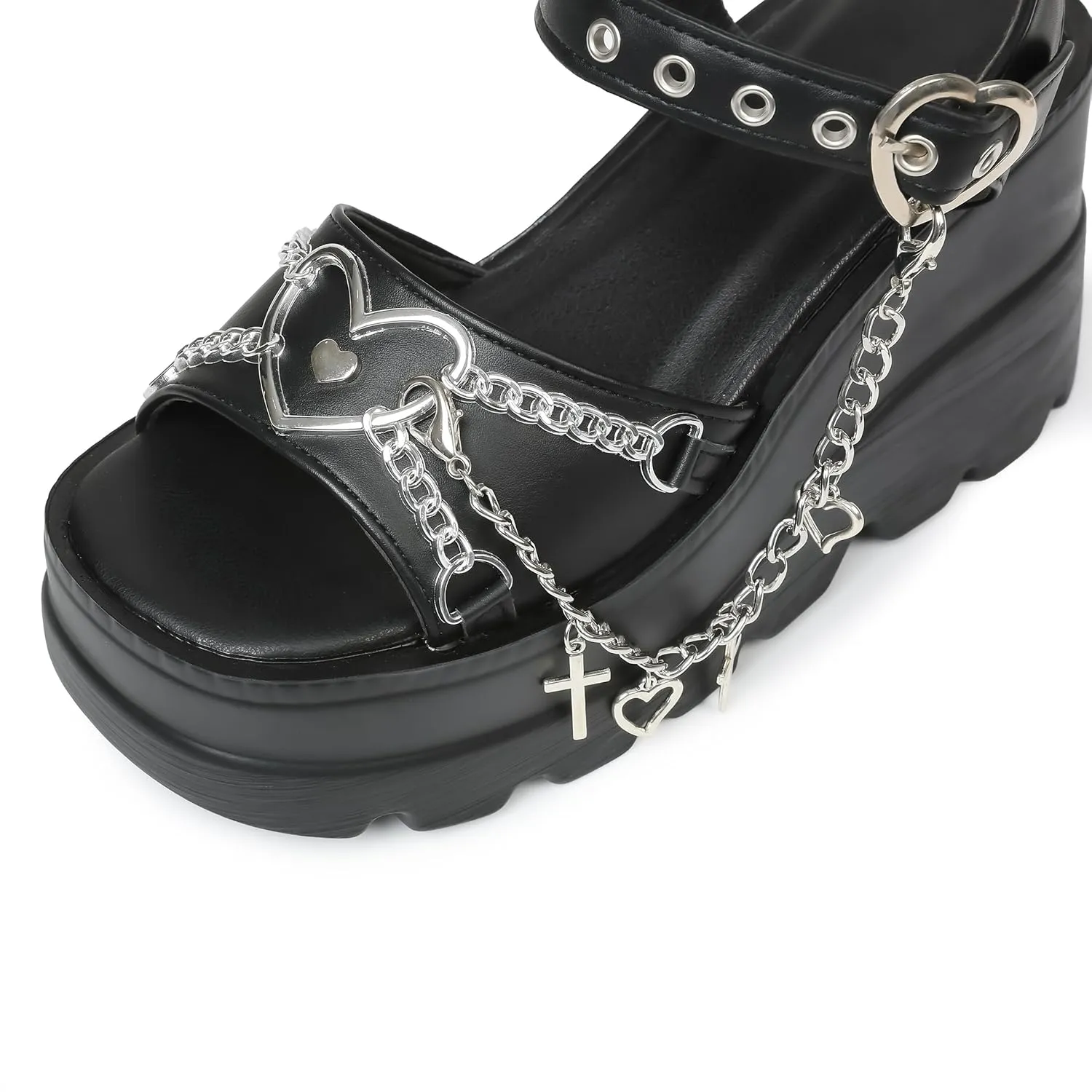 Eteridrey Platform Wedge Sandals Women Open Toe Low Chunky Heeled Goth Sandals Summer Punk Beach Shoes