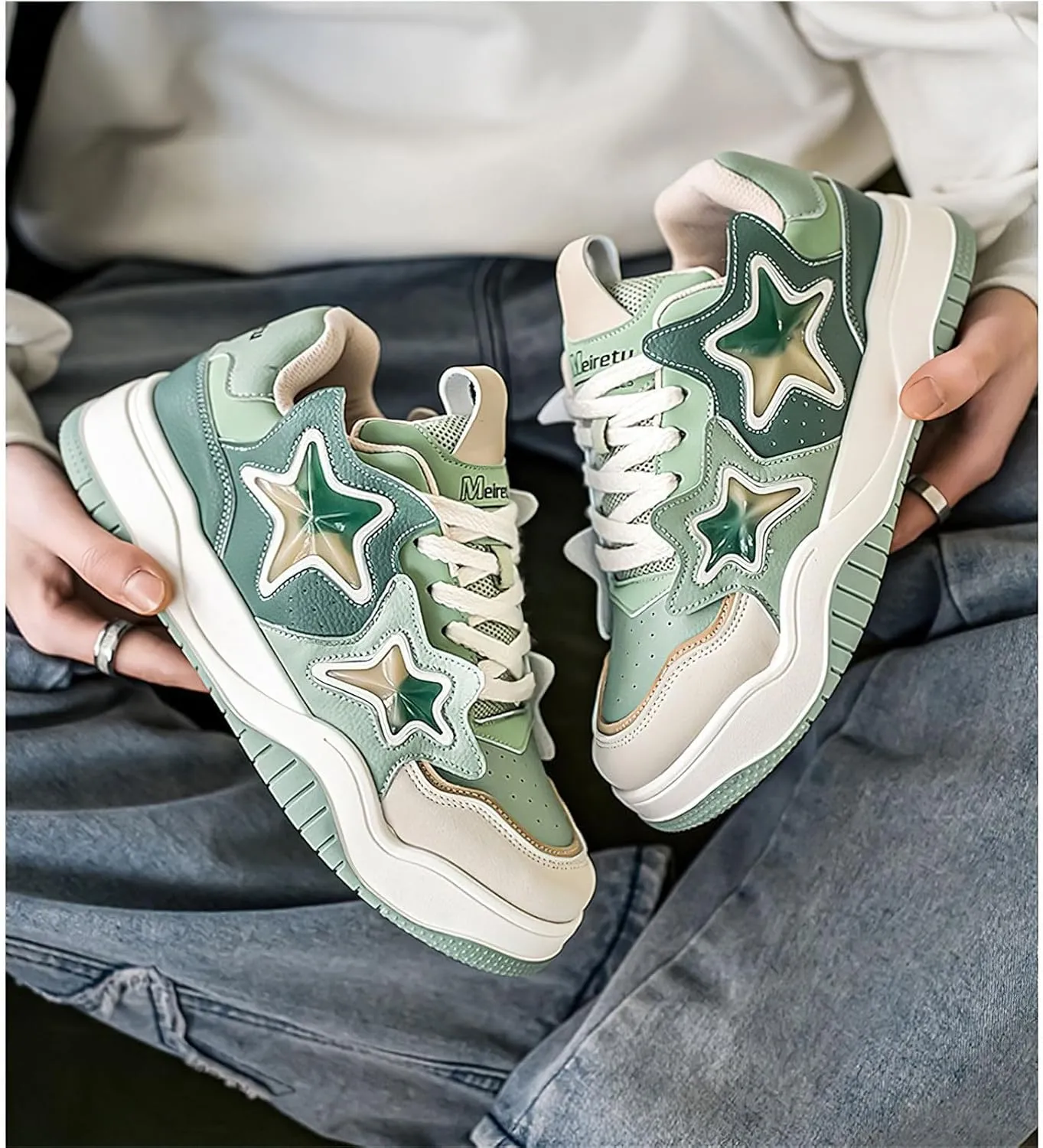 Exusiai Chunky Sneakers for Men Fashion Design Star Y2K Shoes Comfortable Skateboard Walking Platform Dad Shoes White/Black/Green