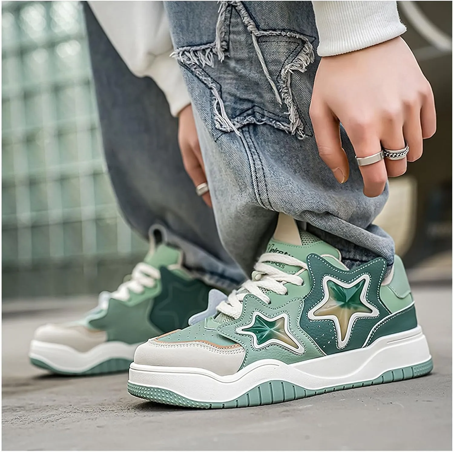 Exusiai Chunky Sneakers for Men Fashion Design Star Y2K Shoes Comfortable Skateboard Walking Platform Dad Shoes White/Black/Green