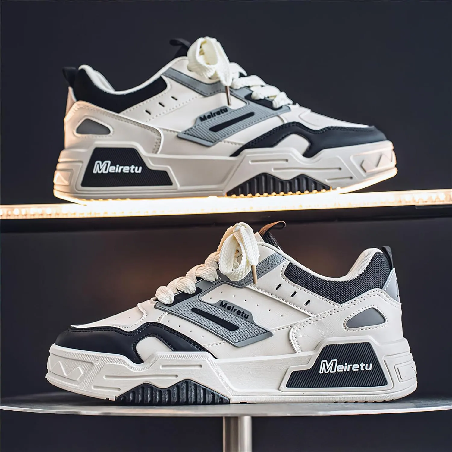 Exusiai Mens Fashion Streetwear Shoes Casual Non Slip Lace-Up Walking Chunky Sneakers Outdoor White Comfortable Breathable Dad Shoes