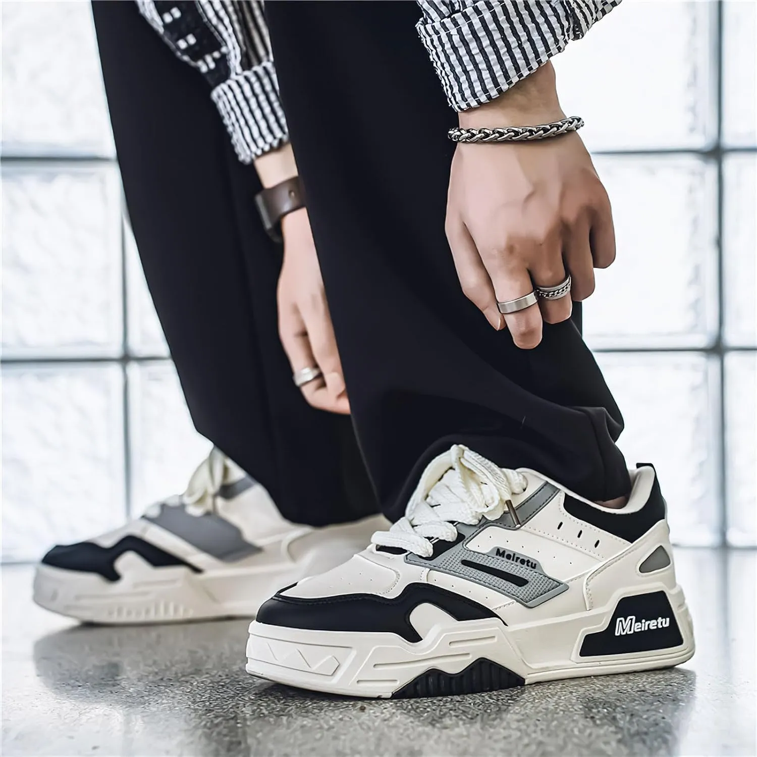 Exusiai Mens Fashion Streetwear Shoes Casual Non Slip Lace-Up Walking Chunky Sneakers Outdoor White Comfortable Breathable Dad Shoes