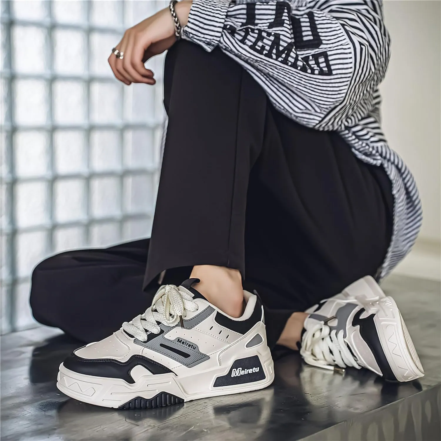 Exusiai Mens Fashion Streetwear Shoes Casual Non Slip Lace-Up Walking Chunky Sneakers Outdoor White Comfortable Breathable Dad Shoes