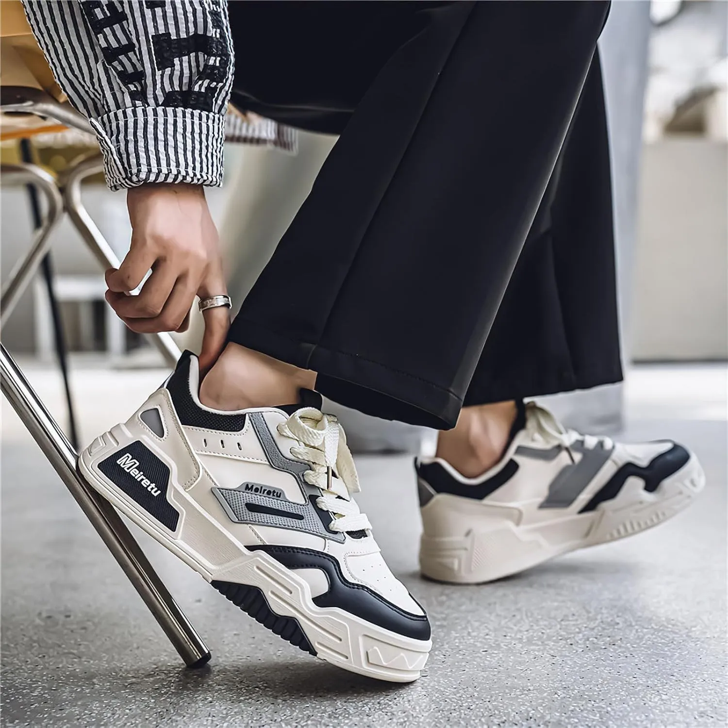 Exusiai Mens Fashion Streetwear Shoes Casual Non Slip Lace-Up Walking Chunky Sneakers Outdoor White Comfortable Breathable Dad Shoes