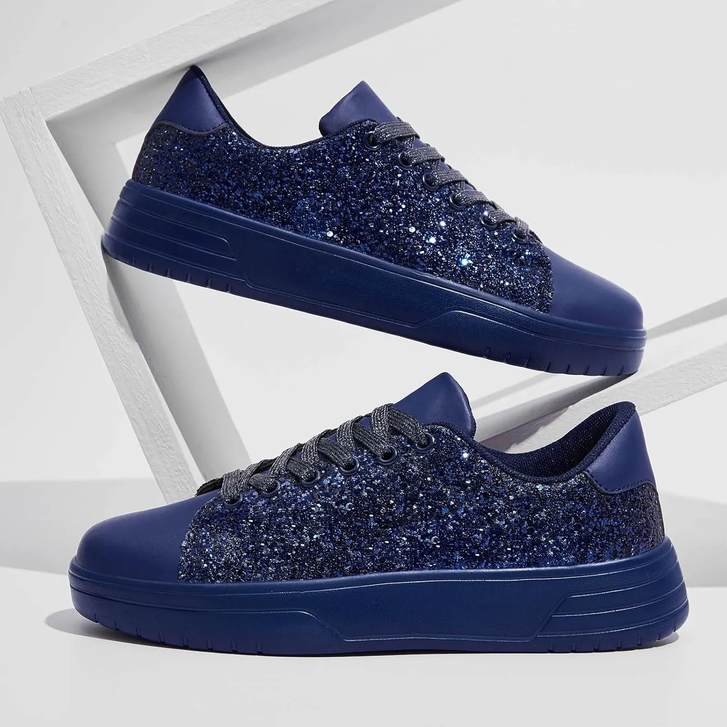 FANVOSSEM Chunky Platform Sneakers for Women，Women's Comfy Sparkly Dad Shoes Lace-Up Casual Walking & Sport Work Sneaker