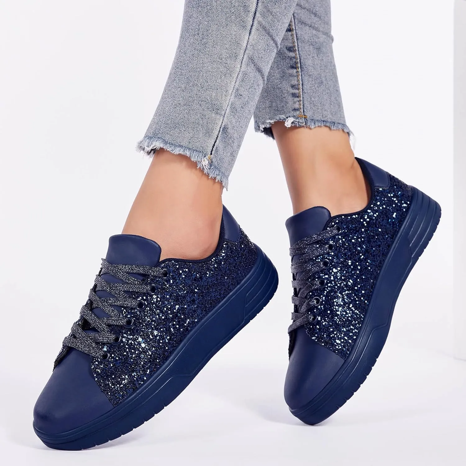 FANVOSSEM Chunky Platform Sneakers for Women，Women's Comfy Sparkly Dad Shoes Lace-Up Casual Walking & Sport Work Sneaker