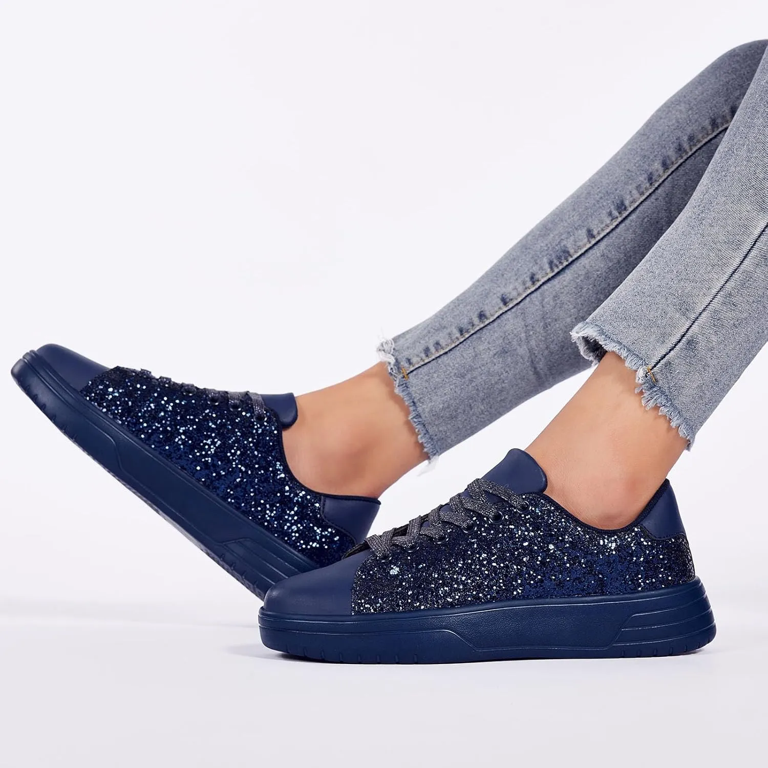 FANVOSSEM Chunky Platform Sneakers for Women，Women's Comfy Sparkly Dad Shoes Lace-Up Casual Walking & Sport Work Sneaker