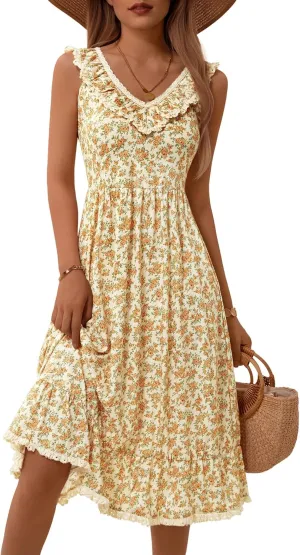 FENSACE Women's Summer Ruffle Lace Trim V Neck Sleeveless A Line Midi Sun Dress