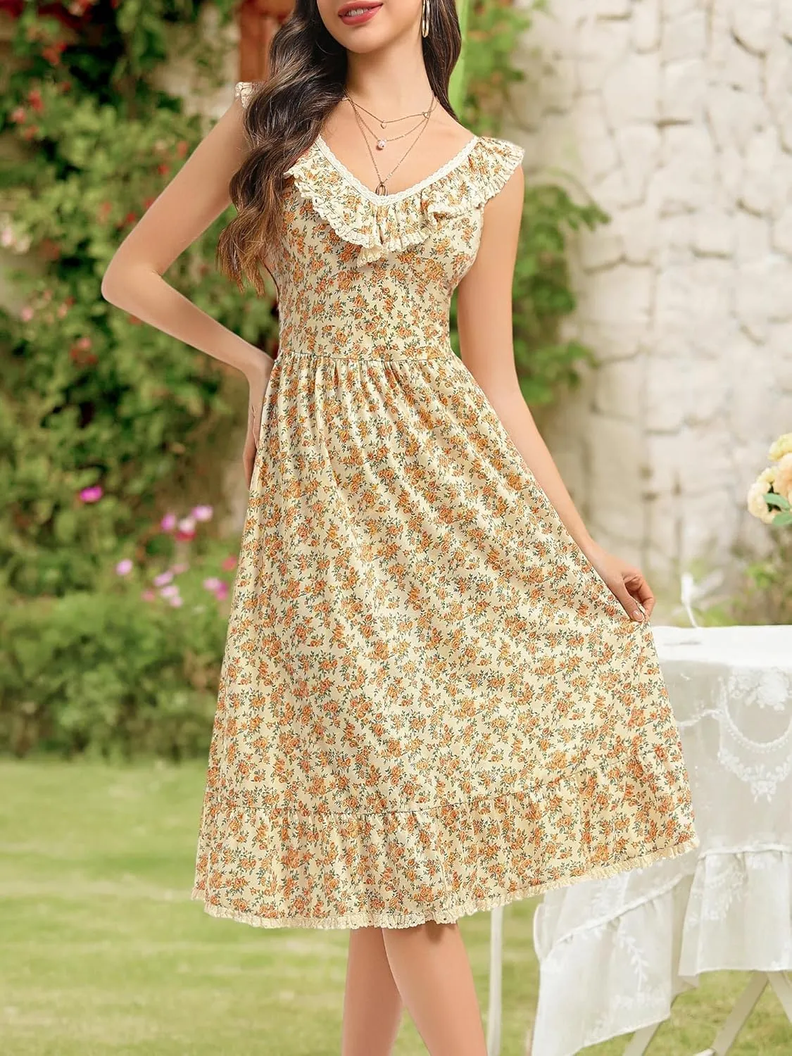 FENSACE Women's Summer Ruffle Lace Trim V Neck Sleeveless A Line Midi Sun Dress