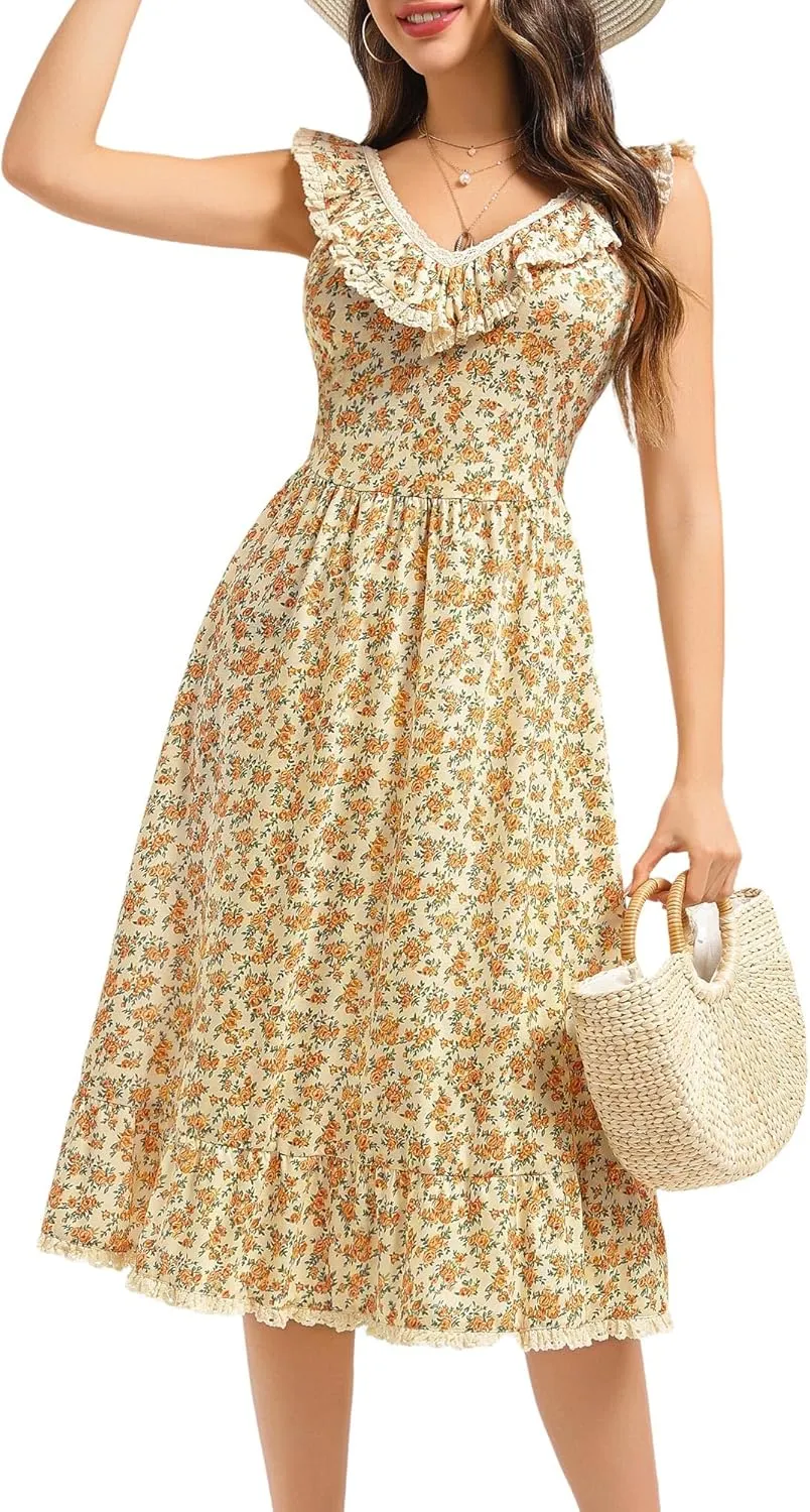 FENSACE Women's Summer Ruffle Lace Trim V Neck Sleeveless A Line Midi Sun Dress