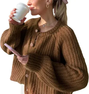 FindThy Women’s Chunky Knit Cardigan Long Sleeve Button Down Crewneck Fall Sweater Coat