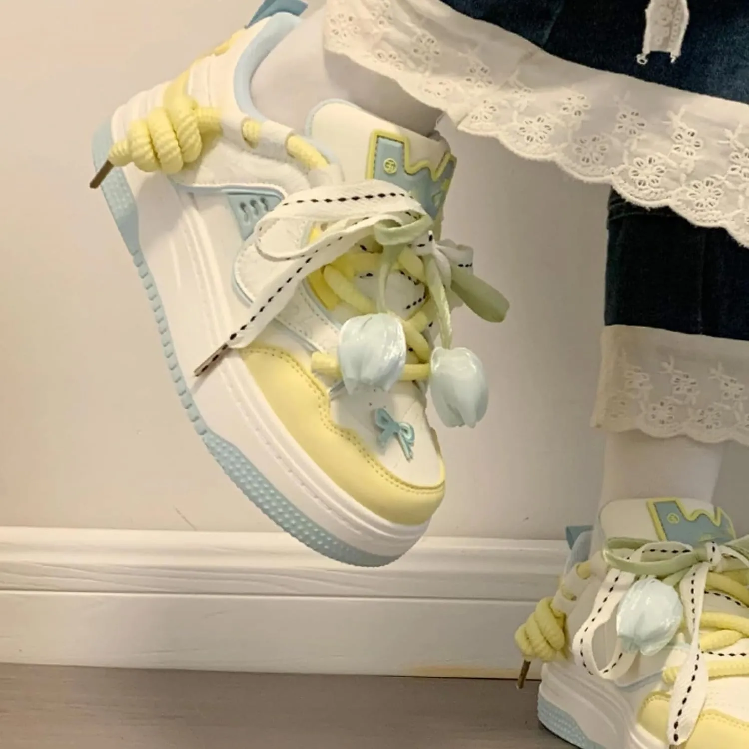 Flower Flora Tulip Bowknot Y2K Platform Chunky Sneakers for Women and Girls Retro Cute Aesthetic Casual Walking Shoes