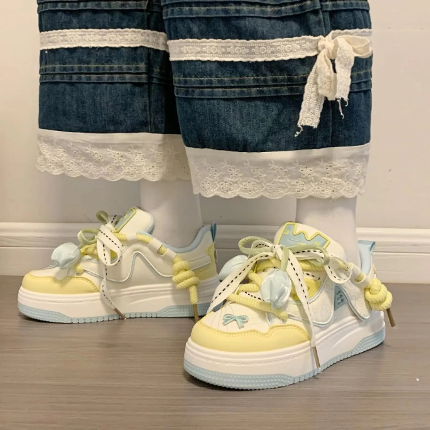 Flower Flora Tulip Bowknot Y2K Platform Chunky Sneakers for Women and Girls Retro Cute Aesthetic Casual Walking Shoes