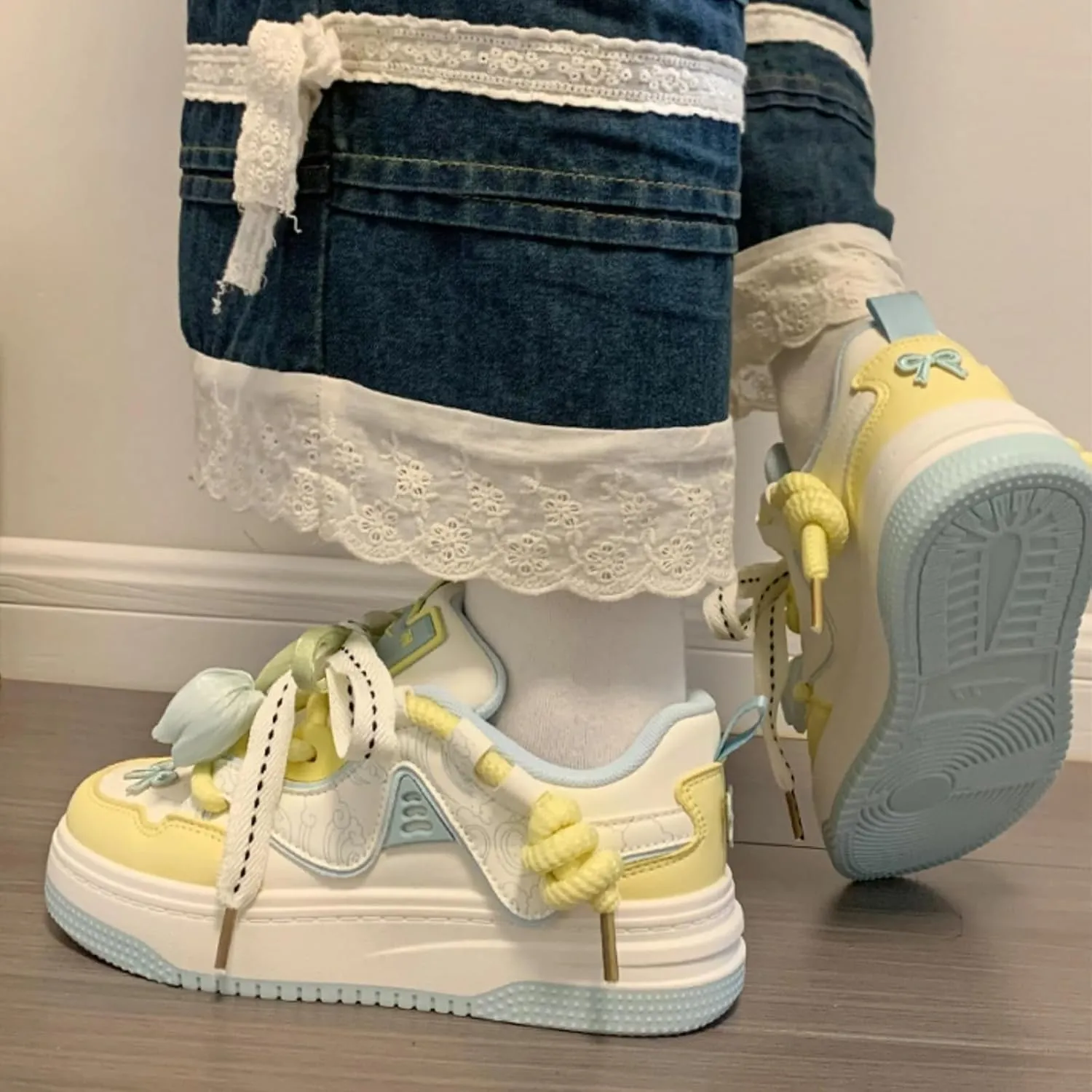 Flower Flora Tulip Bowknot Y2K Platform Chunky Sneakers for Women and Girls Retro Cute Aesthetic Casual Walking Shoes