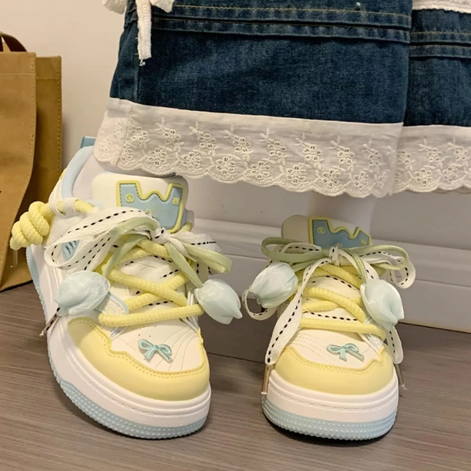 Flower Flora Tulip Bowknot Y2K Platform Chunky Sneakers for Women and Girls Retro Cute Aesthetic Casual Walking Shoes