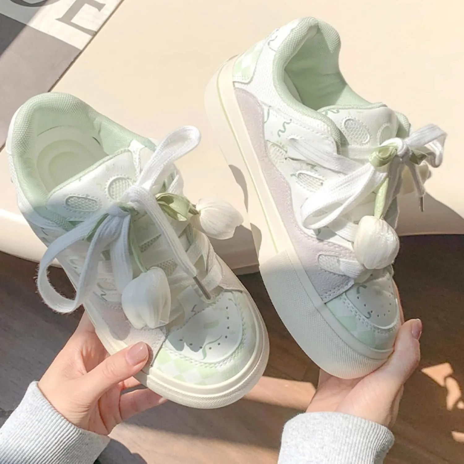 Flower Floral Tulip Y2k Platform Chunky Sneakers for Women and Girls Retro Marshmallow Aesthetic Casual Walking Shoes