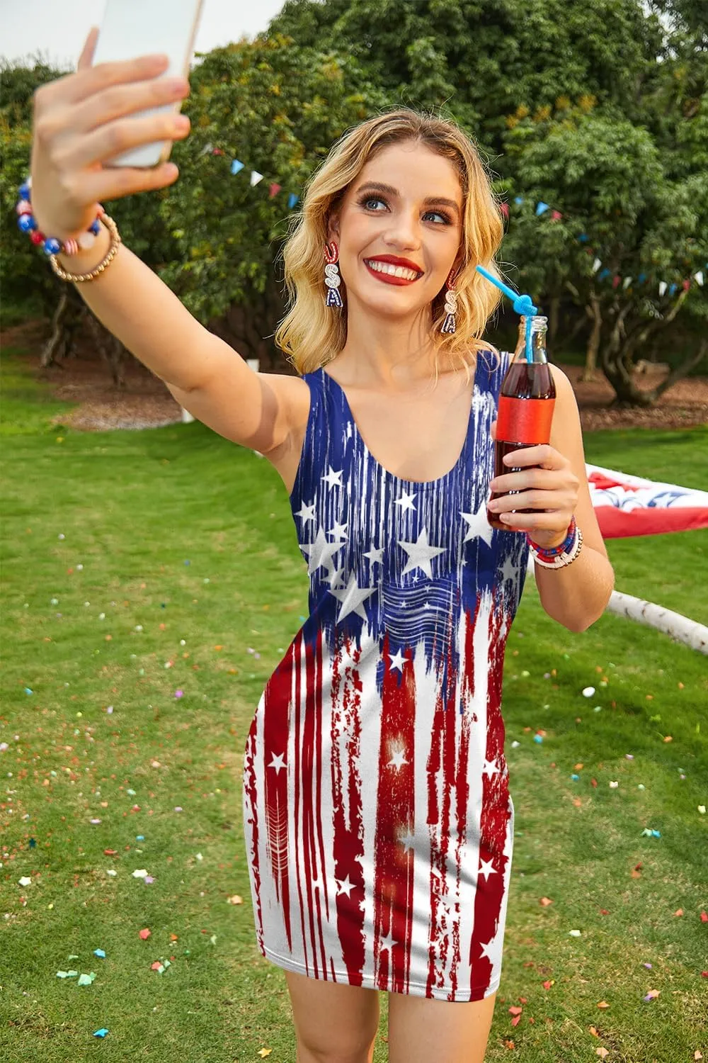 For G and PL Women 4th of July American Flag Tank Dress Deep V Neck Stars Stripe Mini Patriotic Sleeveless Sundress