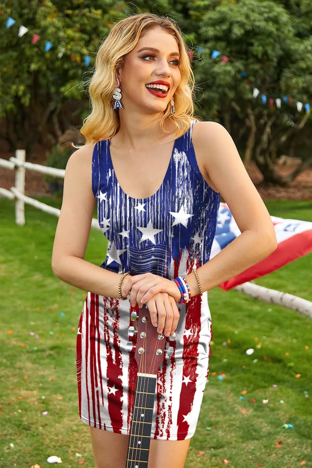 For G and PL Women 4th of July American Flag Tank Dress Deep V Neck Stars Stripe Mini Patriotic Sleeveless Sundress