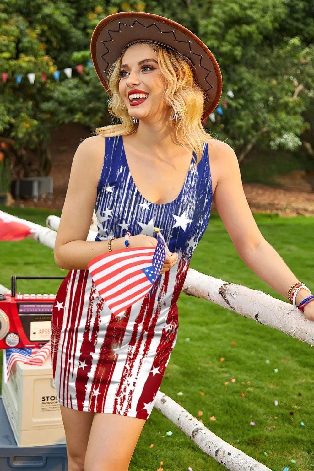 For G and PL Women 4th of July American Flag Tank Dress Deep V Neck Stars Stripe Mini Patriotic Sleeveless Sundress