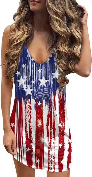 For G and PL Women 4th of July American Flag Tank Dress Deep V Neck Stars Stripe Mini Patriotic Sleeveless Sundress