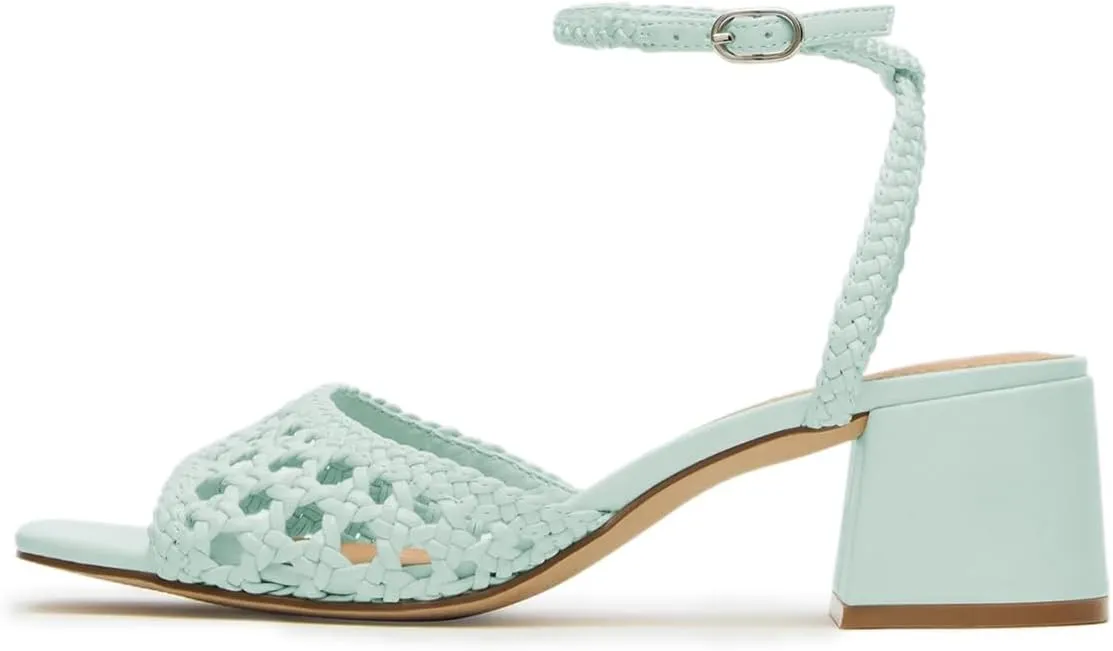 FOWT Women Open Square Toe Braided Cutout Sandals Ankle Strap Bucke Chunky Block Low Heels Summer Party Comfy Shoes Size 4-16 US