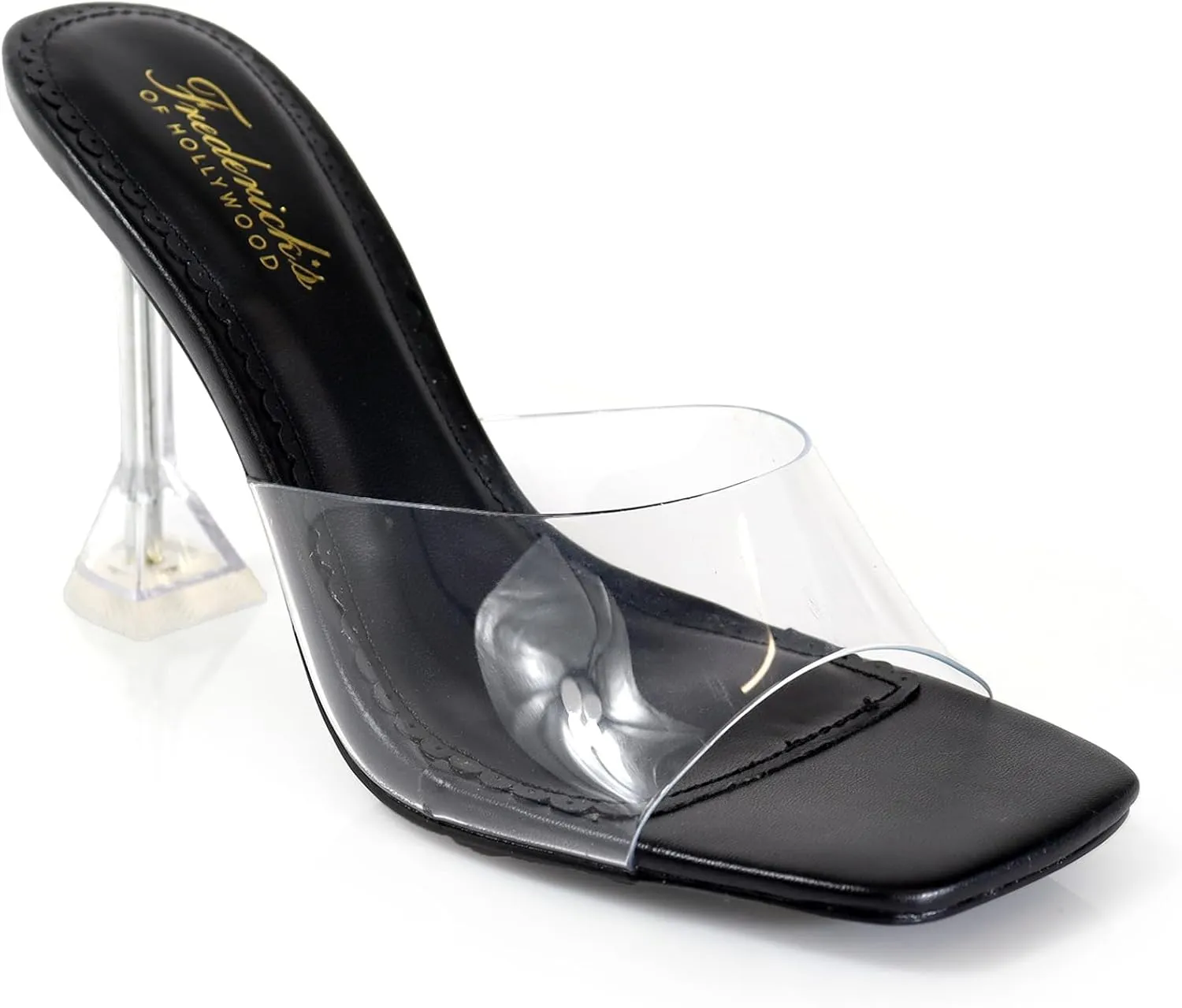FREDERICK'S OF HOLLYWOOD SQUARED TOE TRANSPARENT MULE SANDAL W/SPOOL, FOH-HONEY