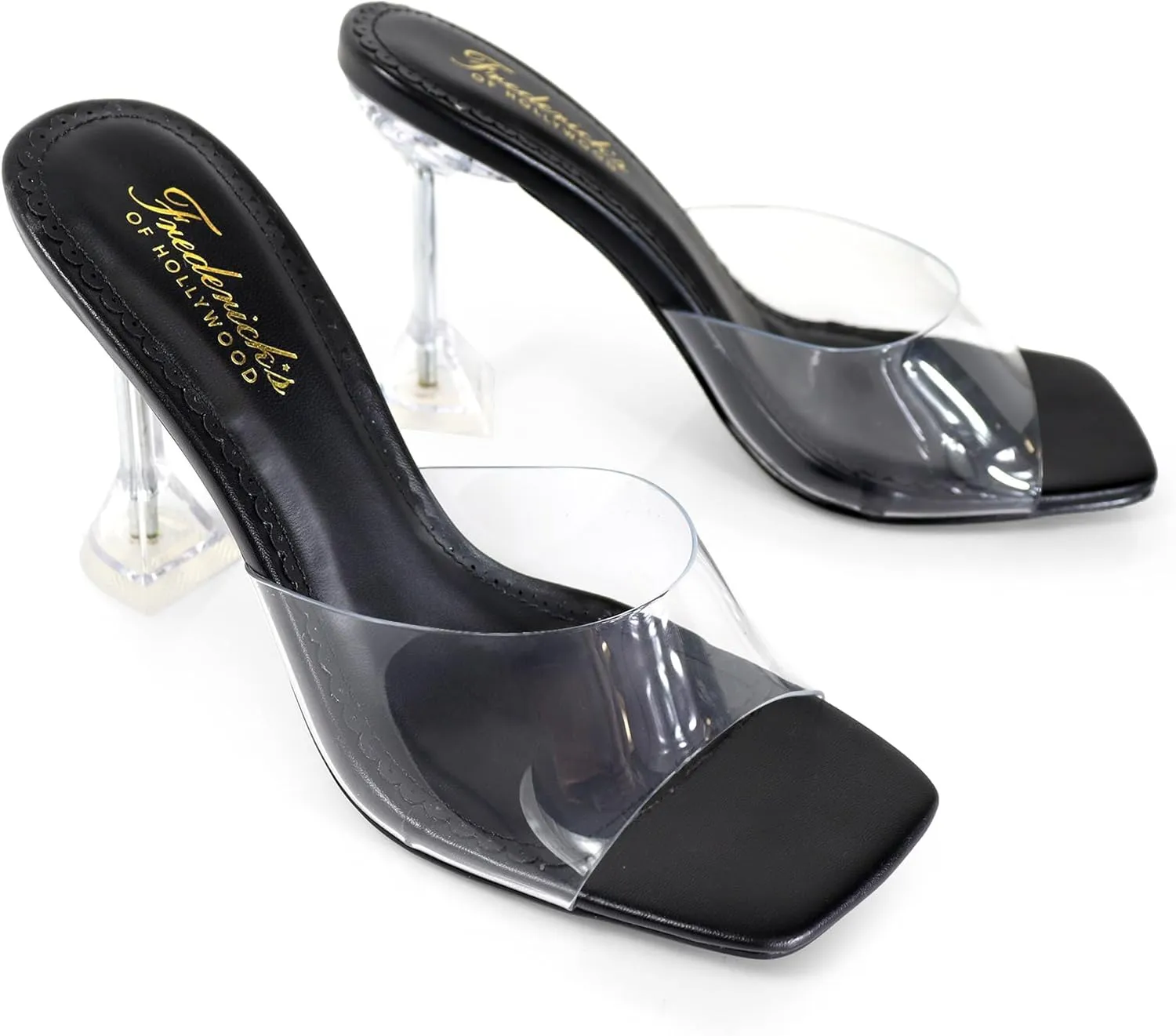 FREDERICK'S OF HOLLYWOOD SQUARED TOE TRANSPARENT MULE SANDAL W/SPOOL, FOH-HONEY