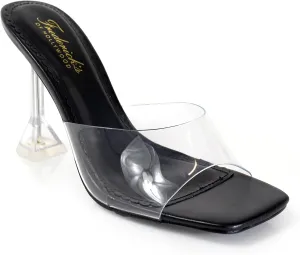 FREDERICK'S OF HOLLYWOOD SQUARED TOE TRANSPARENT MULE SANDAL W/SPOOL, FOH-HONEY
