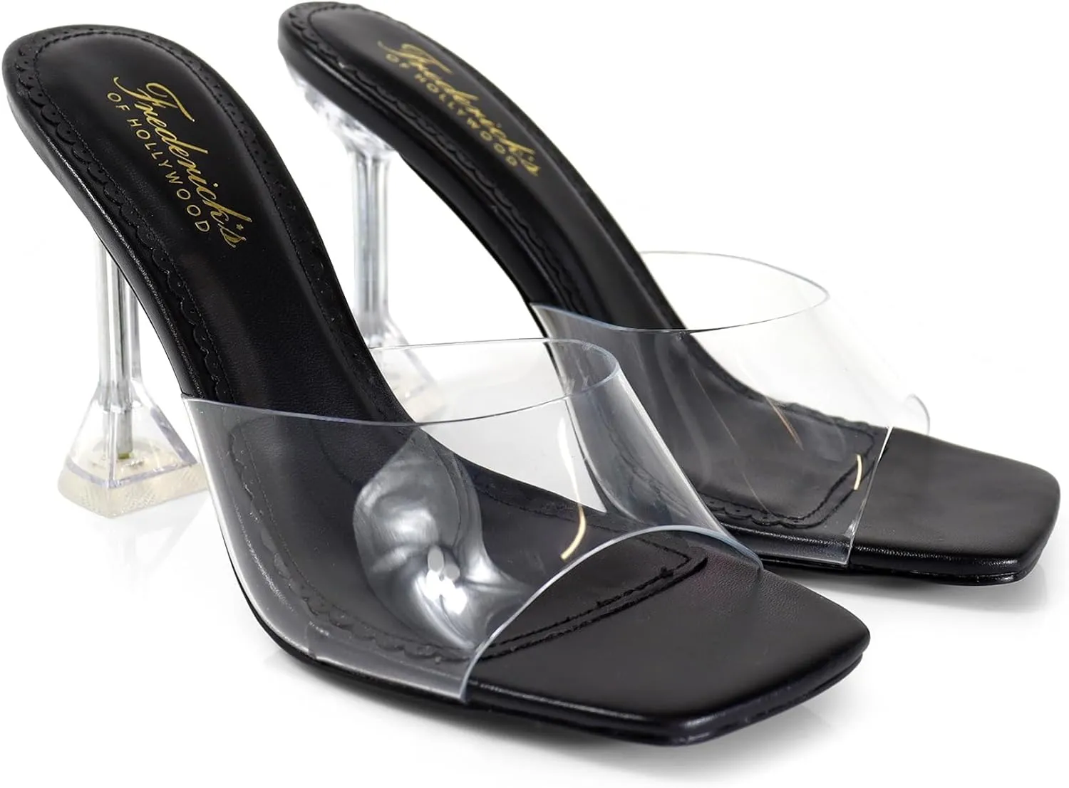 FREDERICK'S OF HOLLYWOOD SQUARED TOE TRANSPARENT MULE SANDAL W/SPOOL, FOH-HONEY