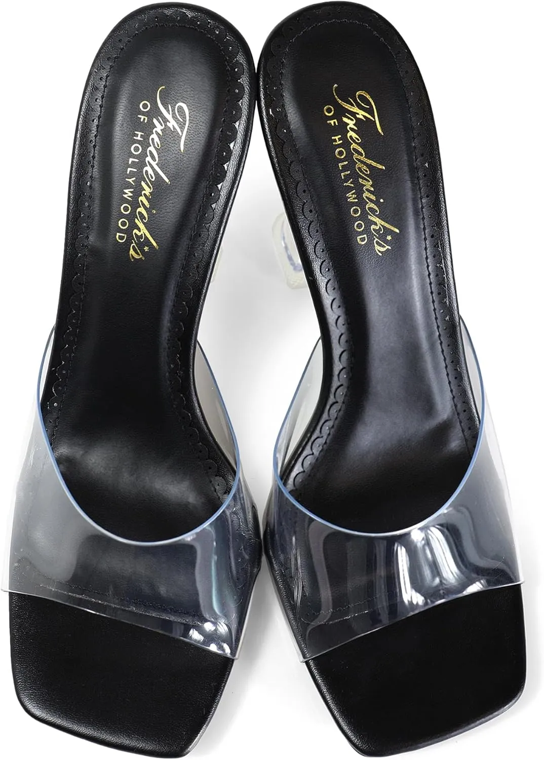 FREDERICK'S OF HOLLYWOOD SQUARED TOE TRANSPARENT MULE SANDAL W/SPOOL, FOH-HONEY