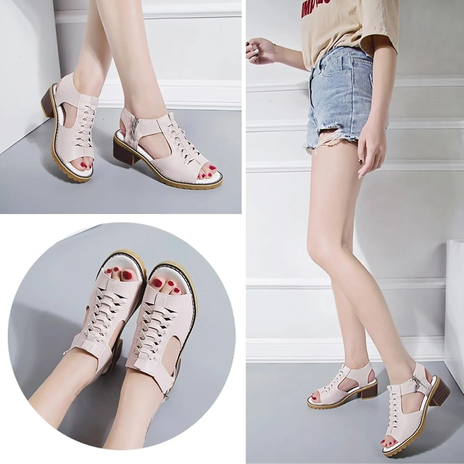 Funfany Peep Toe Cutout Zipper Chunky Heeled Sandals, Womens Comfy Orthotic Sandals, Thick Sole Wedge
