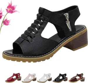 Funfany Peep Toe Cutout Zipper Chunky Heeled Sandals, Womens Comfy Orthotic Sandals, Thick Sole Wedge