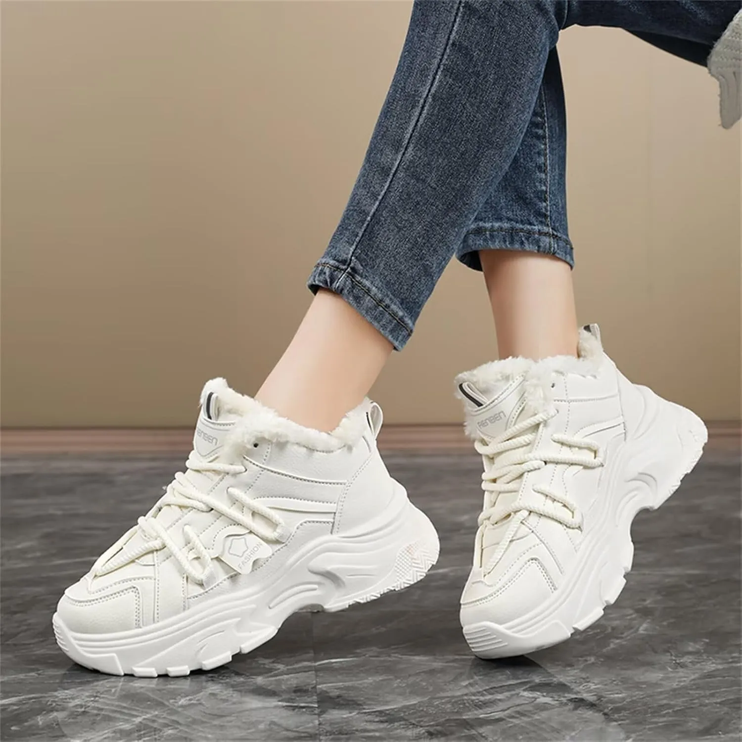Fur Lined Winter Sneakers for Women Fashion Dad Shoes Warm Fleece Lining Comfortable Chunky Platform Sneakers for Girls
