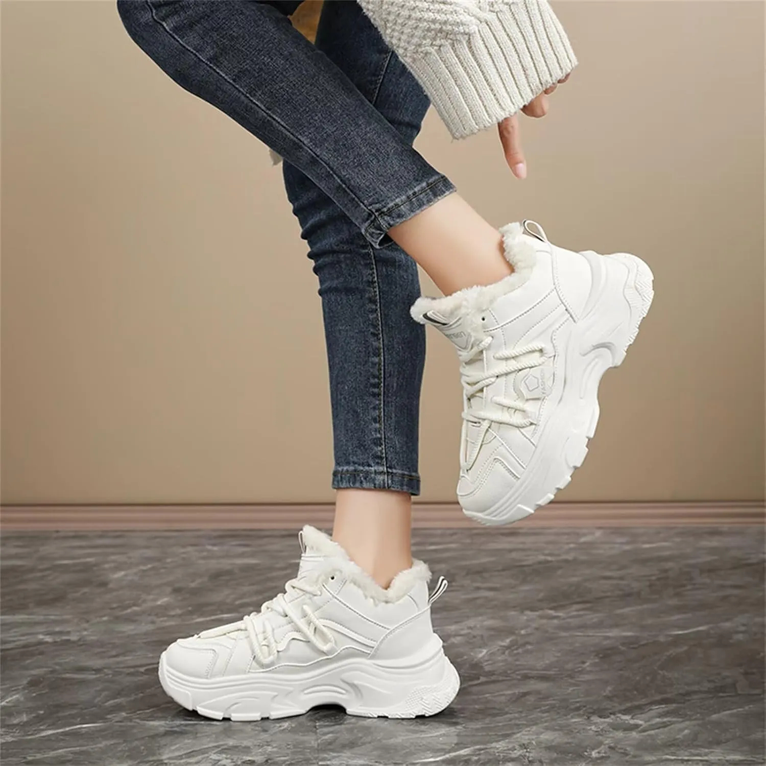 Fur Lined Winter Sneakers for Women Fashion Dad Shoes Warm Fleece Lining Comfortable Chunky Platform Sneakers for Girls