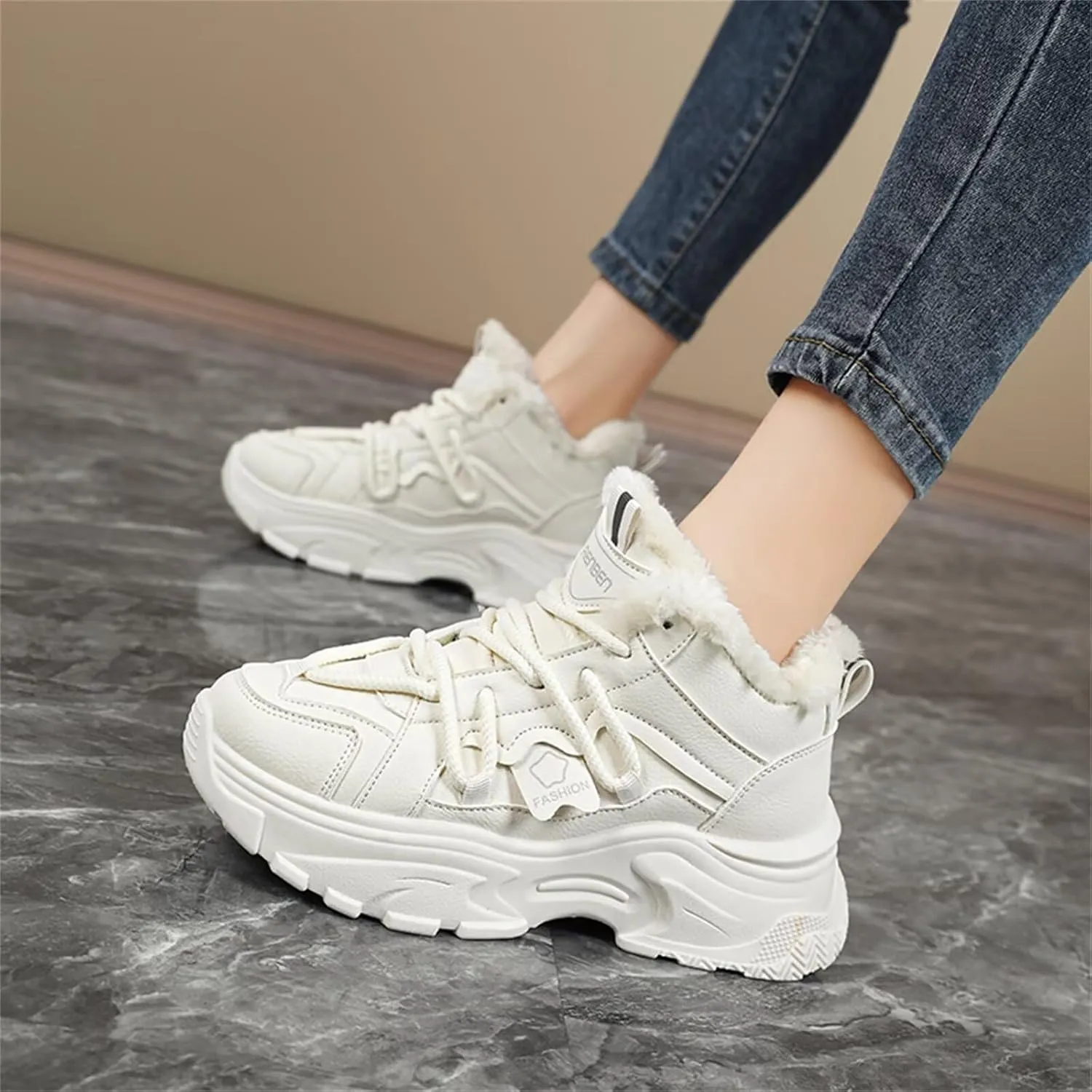 Fur Lined Winter Sneakers for Women Fashion Dad Shoes Warm Fleece Lining Comfortable Chunky Platform Sneakers for Girls
