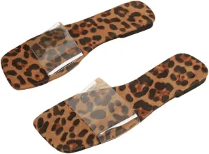 GORGLITTER Women's Clear Slides Leopard Sandals Open Toe Summer Beach Slide Sandals