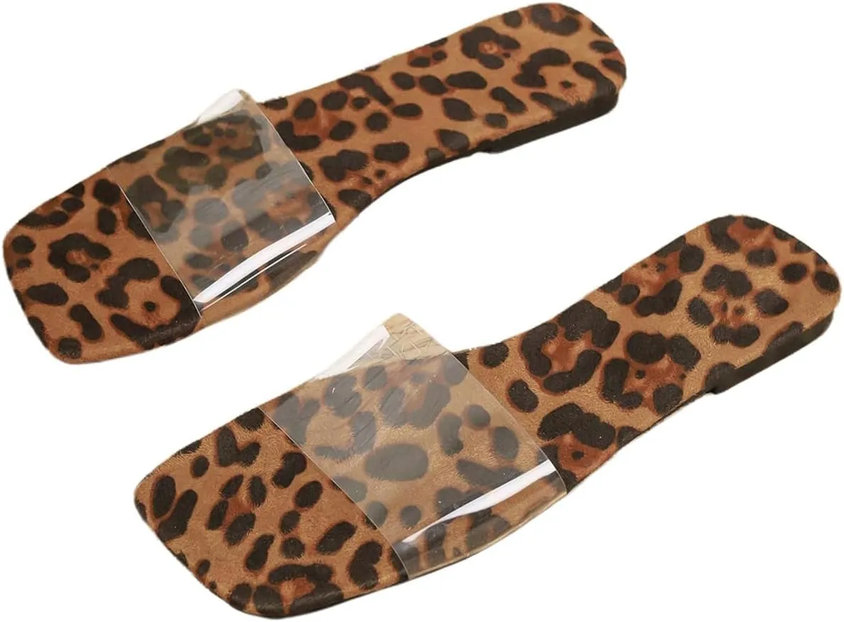 GORGLITTER Women's Clear Slides Leopard Sandals Open Toe Summer Beach Slide Sandals